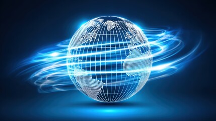 Fototapete - Blue Globe Surrounded by Glowing Dynamic Light Effects in Darkness