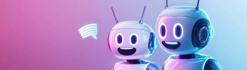 Poster - Two friendly, futuristic robots with glowing eyes are communicating, symbolizing AI interaction in a vibrant purple and blue gradient setting, AI dating application