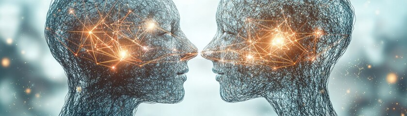 Poster - Two wireframe human heads face each other, connected by glowing neural network lines symbolizing communication and shared intelligence, AI dating application