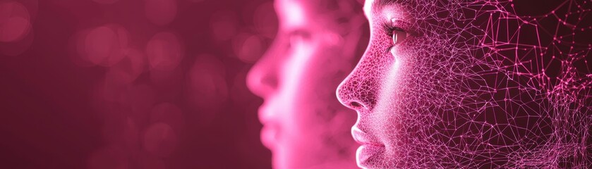 Poster - A digital human face composed of interconnected lines and nodes, symbolizing AI and futuristic technology in a pink and purple color scheme, AI dating application