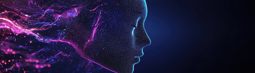 Poster - A digital face made of glowing dots and lines, blending technology and human features in a futuristic, abstract design against a dark background, AI dating application