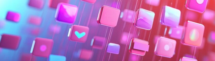 Poster - Abstract 3D digital art of floating, glowing pink and purple cubes with various icons and symbols on a blurred futuristic background, AI dating application