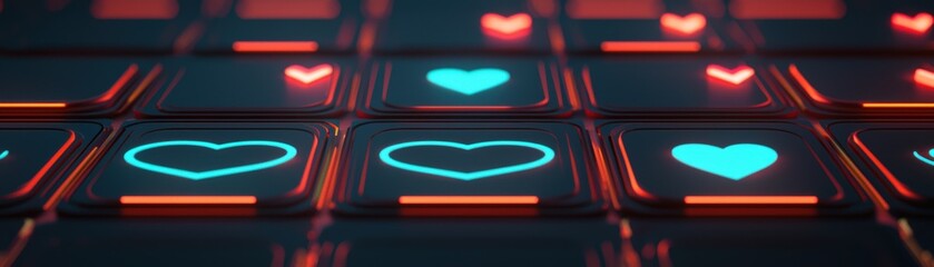Poster - Neon blue heart icons glow on black square buttons with red accents, creating a digital, futuristic, and romantic atmosphere, AI dating application