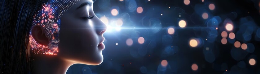 Poster - A futuristic profile of a woman with digital and glowing light elements symbolizing artificial intelligence and advanced technology integration, AI dating application