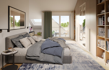 Poster - 3D Rendering of a modern bedroom interior with a wardrobe.