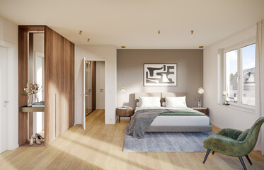 Poster - 3D Rendering of a modern bedroom interior with a wardrobe.