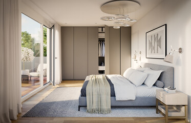 Poster - 3D Rendering of a modern bedroom interior with a wardrobe.