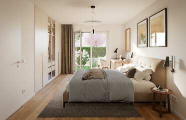 Poster - 3D Rendering of a modern bedroom interior with a wardrobe.