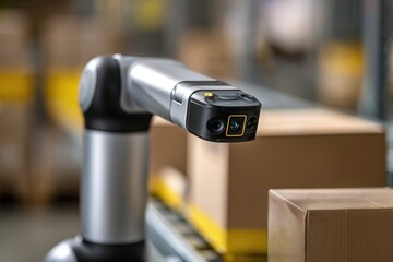 Poster - Robotic arm with advanced imaging technology focused on boxes in a modern warehouse setting during daytime operations