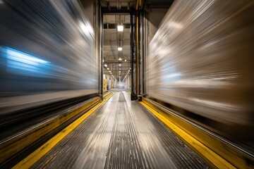 Poster - Fast-moving cargo trains transport goods through a warehouse loading area in a bustling distribution center