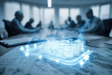Poster - Planning session highlights collaboration on urban development project with digital model in office