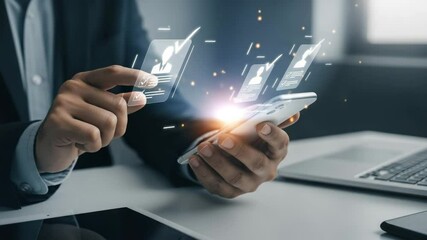 Aufkleber - Person holding phone with digital profiles and checkmarks in a business setting at a desk