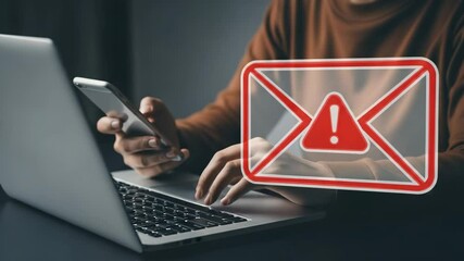 Aufkleber - Person using laptop and phone with email warning sign overlay indicating potential phishing threat