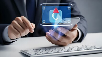 Poster - Man in suit holding smartphone with phone call warning notification near a computer keyboard