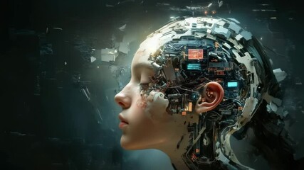 Poster - Female cyborg with exposed brain mechanisms symbolizing artificial intelligence. Human-machine hybrid: a look at the future where technology merges with biology. For AI and futurism themes.