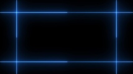 Neon line glowing rectangle frame on black background. Glowing blue neon frame background animation rectangle shape.