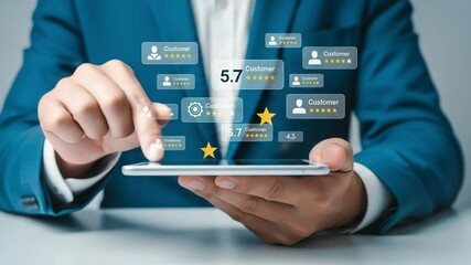 Fototapete - Person in blue suit using a tablet displaying customer reviews and ratings with stars icons