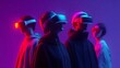 © NoonPanaya - Virtual Reality people  in neon light engaging with air while gaming. virtual reality game, wearing VR headset that offers a 360-degree experience, set against a dark background illuminated by vibrant