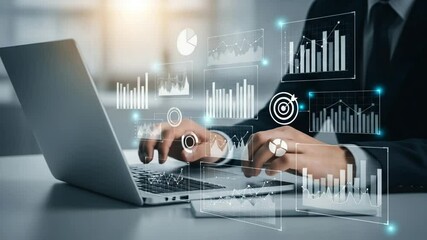 Poster - Man using laptop with data visualizations overlayed in a professional business setting and suit