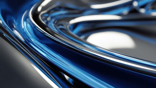 Abstract, winding forms in blue and silver metallic tones, reflecting light