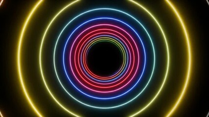 Fototapete - Abstract Neon Light Tunnel with Vibrant Colors and Circular Patterns on Black Background Loop