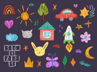 Leinwandbilder - Crayon or chalk kid hand drawn elements. Wax brush texture icons for kindergarten on dark chalkboard