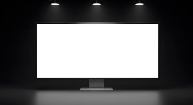 A blank computer monitor illuminated by spotlights against a dark backdrop.