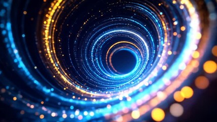 Fototapete - Dynamic Abstract Tunnel with Blue and Orange Glowing Particles and Circular Motion on Black Background