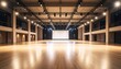 © mudrika - Spacious modern event hall with polished wooden floor and bright stage lighting, ideal for conferences