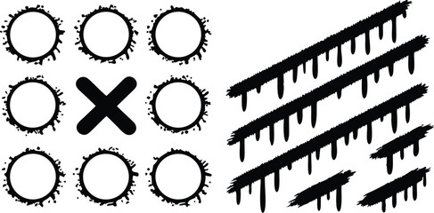 Poster - Handdrawn tic tac toe game elements including circles X marks dripping paint strokes