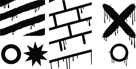 Poster - Graffiti elements including dripping paint stripes brick wall X shape starburst circle shapes on background