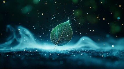 Fototapete - Animated Digital Leaf with Sparkling Particles on a Dark Blue Background