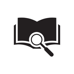 Poster - Book search icon. Open book with magnifier, symbolizing research, library, or e-learning.