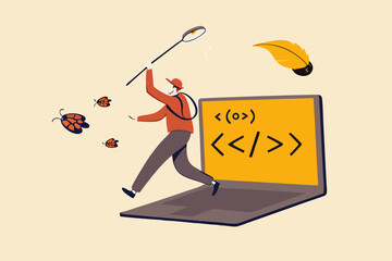 programmer, coder or software tester running from computer laptop using debugging tools to catch lad