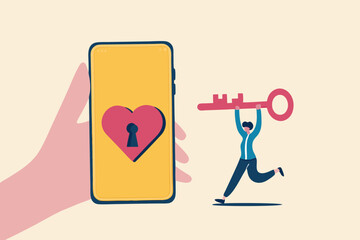 Dating apps, online dating using internet and social media to find romantic relationship concept, young adult millennial boy holding lovely key running to smart phone app with heart shape and keyhole.