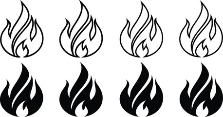 Poster - Eight flame icons in two rows on a background with varying outline filled styles