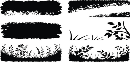 Poster - Handdrawn silhouettes of foliage grass elements with rectangular shapes on background