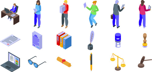 Poster - Notarization icons set. Notary public working with legal documents, using laptop, binders, quill, stamp, and scales of justice