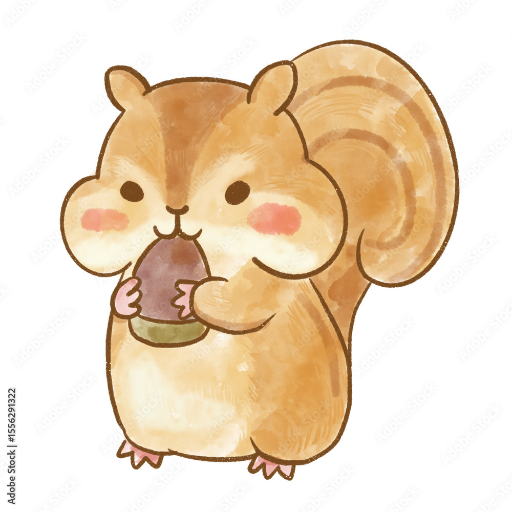 Ilustración de Stock どんぐりを抱えるリスの手描き水彩イラスト｜秋