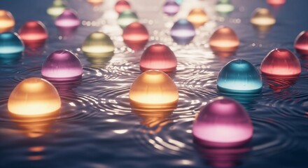 Wall Mural - Glowing colorful orbs floating on water