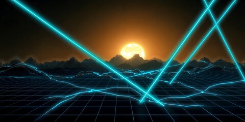 Poster - A digital landscape with a grid, glowing lines, mountains, and a sunset in the background horizon