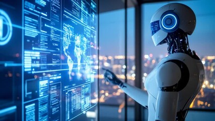 Fototapete - White Robot Interacting with Futuristic Blue Digital Interface Against Cityscape Background