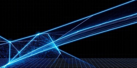 Poster - Illuminated blue lines converging on a grid against a black background creating a futuristic scene