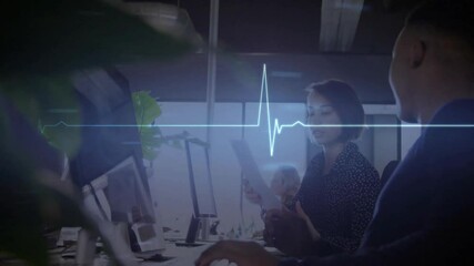 Poster - Business coworkers pointing to report highlight as heartbeat waveform sweeping bottom in workspace