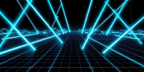 Poster - A futuristic grid landscape with neon blue laser beams and rocky formations in the background