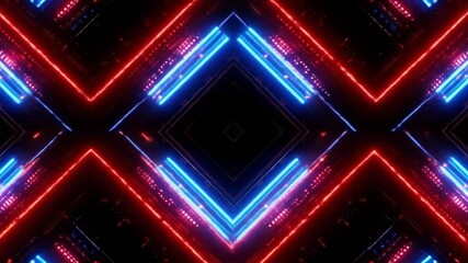 Fototapete - Geometric Neon Light Animation with Red and Blue Arrow Shapes on Dark Background