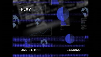 Poster - Timestamp hitting 16:30:22 showing PLAY indicator, code scrolling and charts animating in VHS loop
