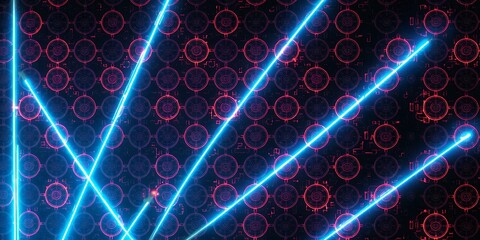 Poster - Abstract background with blue laser beams over a pattern of red circles and dark background