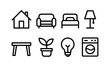 © Gandalf - Minimalist home icon set featuring furniture, lighting, and appliances