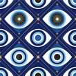 © Skyframe - A luxurious Art Deco-style pattern featuring mystical evil eye symbols set within a geometric gold trellis on a deep blue background. Vector Patterns